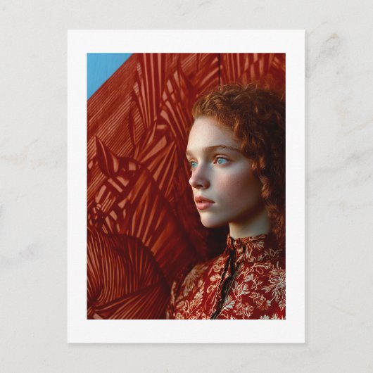 赤毛の女性が赤い馬の絵のそばに立つ ポストカード (正面)