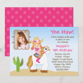 赤毛の女性のカーボーイの馬の誕生会 招待状 (正面/裏面)