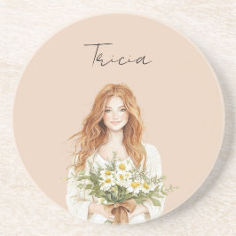 赤毛の女性のヒナギクの花のオーダーメイド コースター