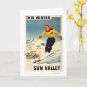 赤毛の女性の微笑し、スキーポスター カード (黄色い花)