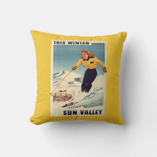 赤毛の女性の微笑し、スキーポスター クッション (正面)