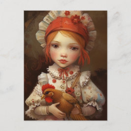 赤毛の少女がペットの鶏を抱いてAIアートを描かれる ポストカード