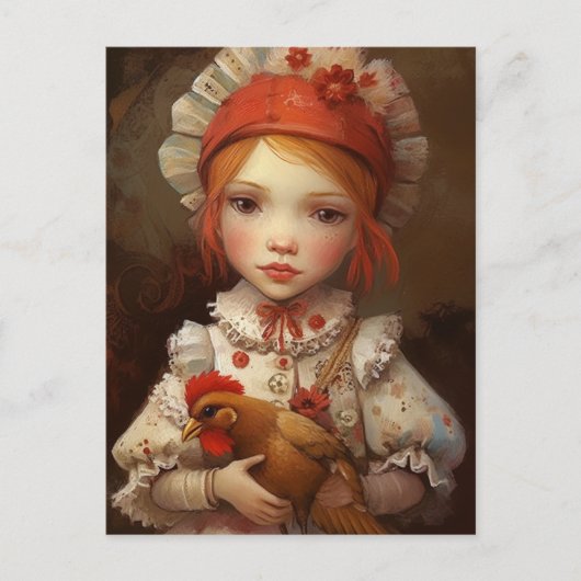 赤毛の少女がペットの鶏を抱いてAIアートを描かれる ポストカード (正面)