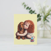 赤毛の幼児がダックスフンドを抱く ポストカード (スタンド正面)