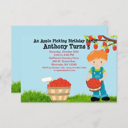 赤毛の男の子のAppleの盗品の誕生会 招待状 (正面/裏面)