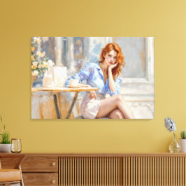 赤毛の美しいの女の子はカフェの柔らかい芸術に座って キャンバスプリント