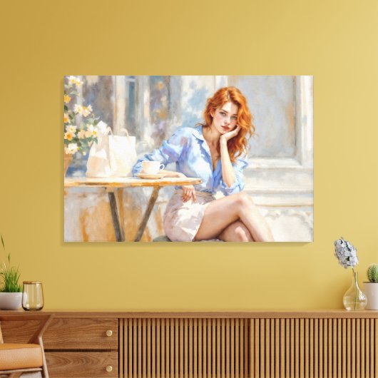 赤毛の美しいの女の子はカフェの柔らかい芸術に座って キャンバスプリント (インサイチュ (リビング))