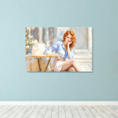 赤毛の美しいの女の子はカフェの柔らかい芸術に座って キャンバスプリント (インサイチュ (ウッドフロア))