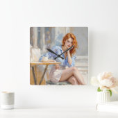 赤毛の美しいの女の子はカフェの柔らかい芸術に座って スクエア壁時計 (ホーム)