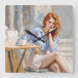赤毛の美しいの女の子はカフェの柔らかい芸術に座って スクエア壁時計