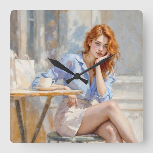 赤毛の美しいの女の子はカフェの柔らかい芸術に座って スクエア壁時計 (正面)
