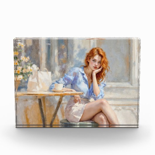 赤毛の美しいの女の子はカフェの柔らかい芸術に座って フォトブロック (正面)