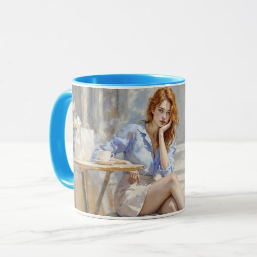 赤毛の美しいの女の子はカフェの柔らかい芸術に座って マグカップ (正面左)