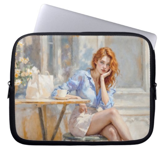 赤毛の美しいの女の子はカフェの柔らかい芸術に座って ラップトップスリーブ (正面)