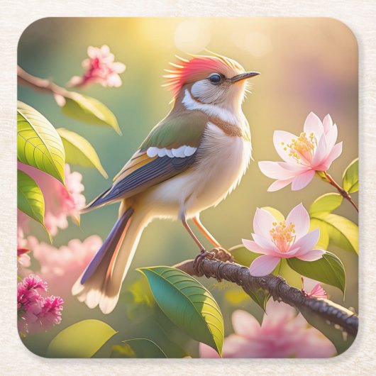 赤毛バフ胸のファンタジー鳥 スクエアペーパーコースター (正面)