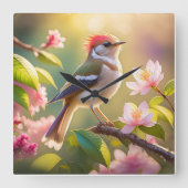 赤毛バフ胸のファンタジー鳥 スクエア壁時計 (正面)