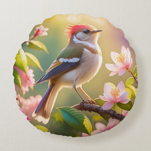 赤毛バフ胸のファンタジー鳥 ラウンドクッション (正面)