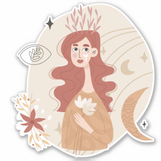 赤毛ボホ女の花ムーンスター抽象芸術 シール (正面)