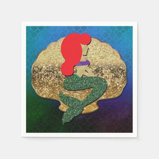 赤毛マーメイドゴールデンシーシェル誕生日パーティー スタンダードカクテルナプキン (正面)