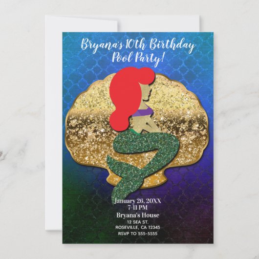 赤毛マーメイドゴールデンシーシェル誕生日パーティー 招待状 (正面)