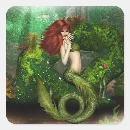 赤毛マーメイドステッカー スクエアシール (正面)