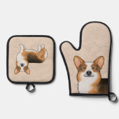 赤毛三毛切りウェルシュコーギー漫画犬 鍋つかみ&鍋敷きセット (正面)