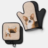 赤毛三毛切りウェルシュコーギー漫画犬 鍋つかみ&鍋敷きセット (正面/裏面)
