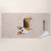 赤毛三色ペンブロークウェルシュコーギーと名前 ビーチタオル (正面)