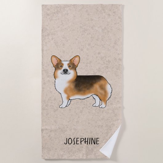 赤毛三色ペンブロークウェルシュコーギーと名前 ビーチタオル (正面)