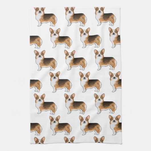 赤毛三色ペンブロークウェルシュコーギー模様 キッチンタオル (縦)