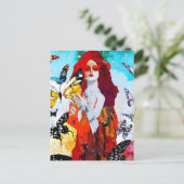 赤毛女性と蝶ミックスメディア ポストカード (スタンド正面)