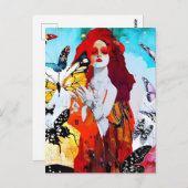赤毛女性と蝶ミックスメディア ポストカード (正面/裏面)