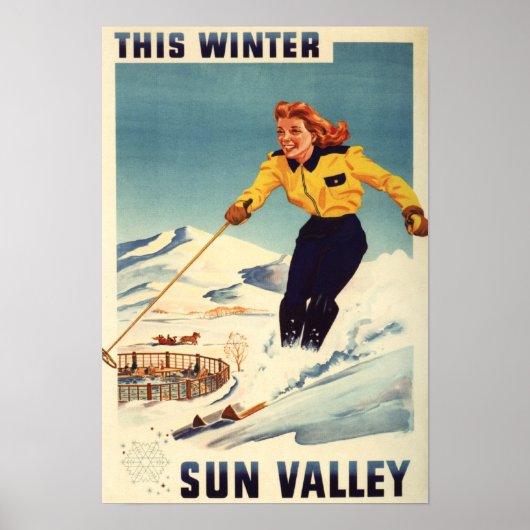 赤毛女性の笑顔とスキーのポスター ポスター (正面)