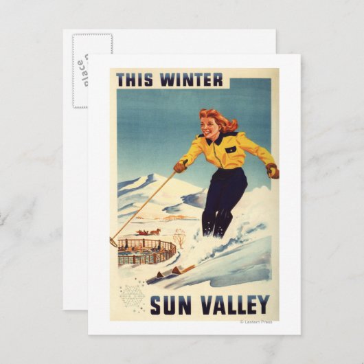 赤毛女性の笑顔とスキーのポスター ポストカード (正面/裏面)