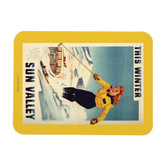 赤毛女性の笑顔とスキーのポスター マグネット (横)