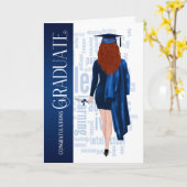赤毛女性ブルーキャップ・ガウン卒業生 カード (黄色い花)
