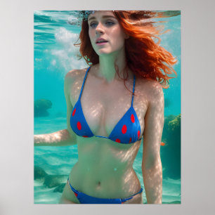 赤毛女性水玉模様ビキニ水中写真 ポスター