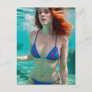 赤毛女性水玉模様ビキニ水中写真 ポストカード