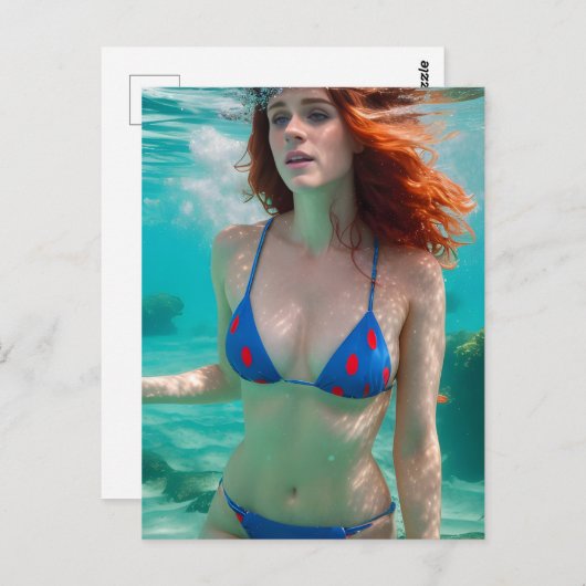 赤毛女性水玉模様ビキニ水中写真 ポストカード (正面/裏面)