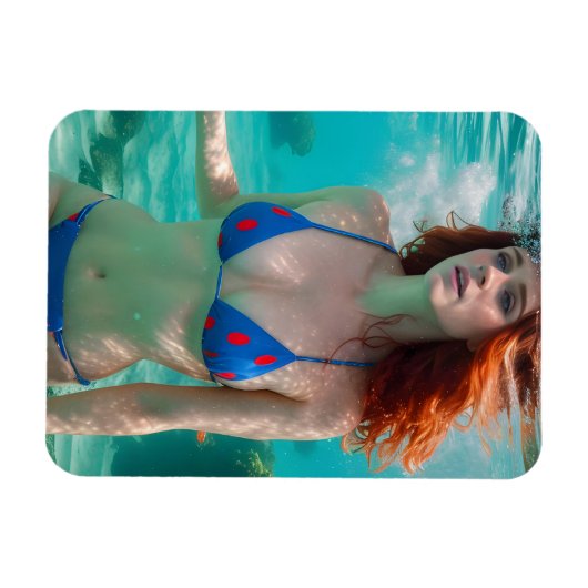 赤毛女性水玉模様ビキニ水中写真 マグネット (横)