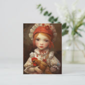 赤毛少女がペットのチキンAIアートを手に ポストカード (スタンド正面)