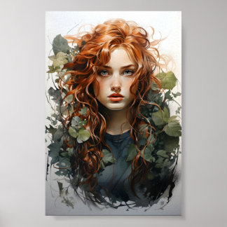 赤毛絵画の少女の水色 ポスター