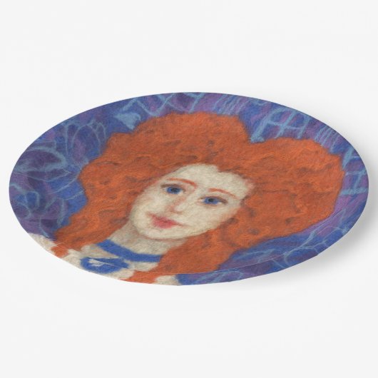 赤毛、ジンジャーガールロココファイバーアートブルーオレンジ ペーパープレート (アングル)