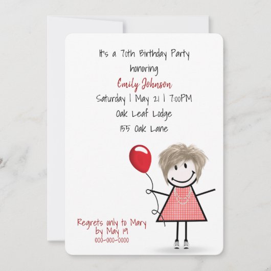 赤気球入り70歳の誕生日パーティーガール 招待状 (正面)