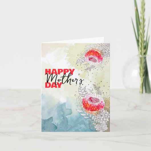 赤水彩黒墨花模様母の日 カード (正面)
