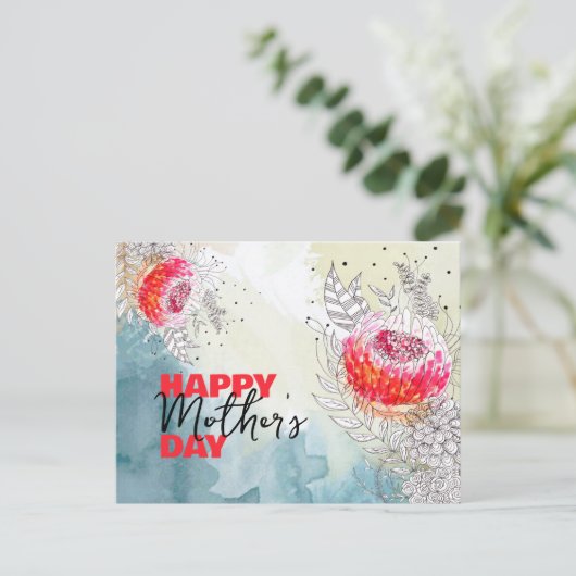 赤水彩黒墨花模様母の日 ポストカード (スタンド正面)