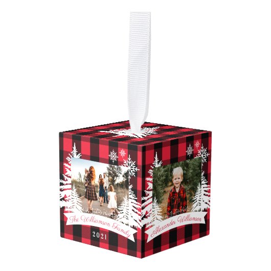 赤水牛のプライド素朴松の木の家族の写真 キューブオーナメント (正面アングル)