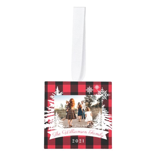 赤水牛のプライド素朴松の木の家族の写真 キューブオーナメント (正面)