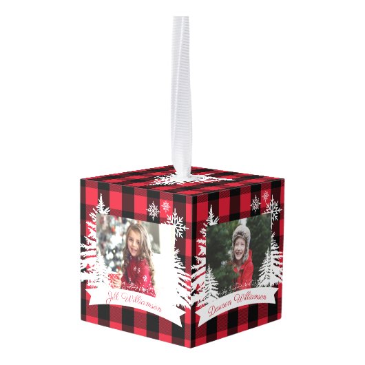 赤水牛のプライド素朴松の木の家族の写真 キューブオーナメント (裏面アングル)