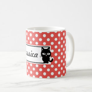 赤水玉模様と黒猫パーソナライズされた コーヒーマグカップ